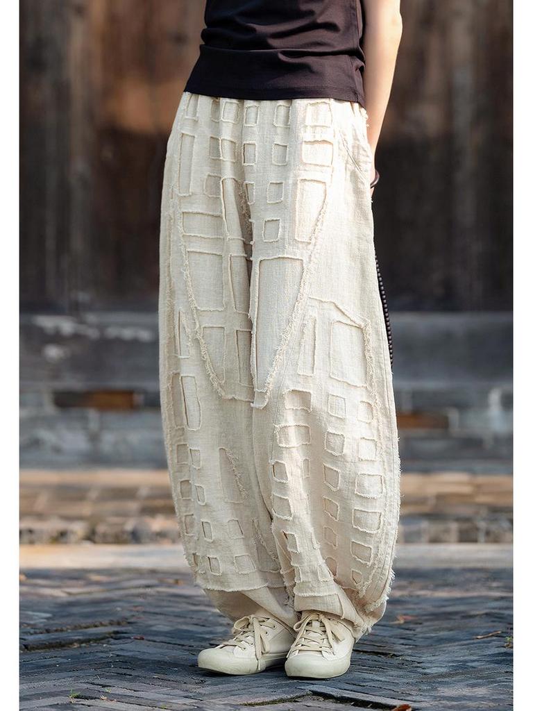 Unisex Boro-Style Linen Lantern Pants with Raw Edges for Meditation - Wide Leg & Autumn-Inspired Design