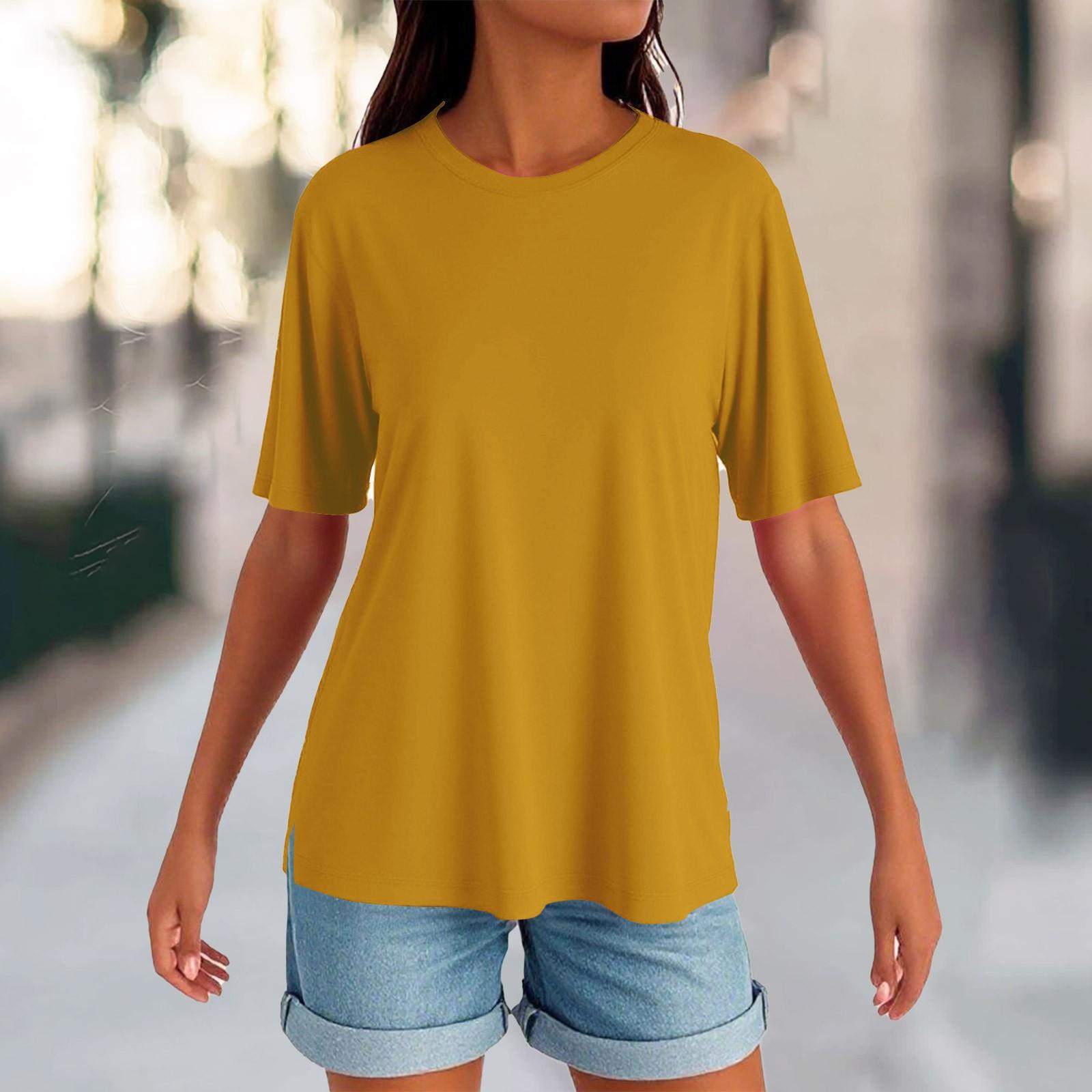 

Женский круглый вырез с разрезом по низу, модный повседневный однотонный топ с короткими рукавами XL жёлтый