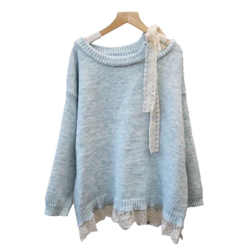 Premium lace lace-up bow knitted sweater top autumn and winter new off-the-shoulder sweater pullover women