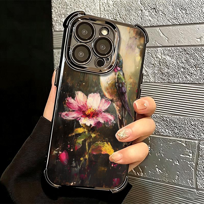 Bird Oil Painting Style Plating Phone Case For Iphone 16 17 Pro Max Air 16E 14 15 Plus 12 13 Mini Anti-Fall Airabag Cover