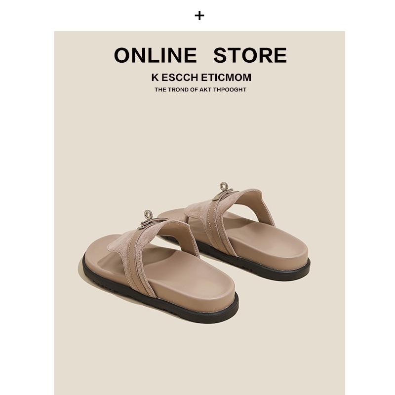 

Leather lock thick bottom casual toe flip-flops women s outer wear 2025 summer new versatile flat bottom cool slippers women 40 хаки