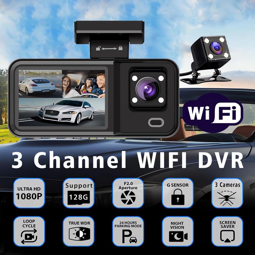 2/3-Kanal WIFI Auto DVR, Hochauflösende 1080P In-Car Dashcam mit drei Kameras, Videoaufzeichnung.