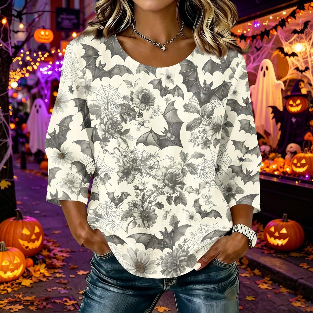 Women Casual Halloween Print Round Neck Three Quarter Sleeve Linen Cotton Blended Top Lightweight Comfortable Loose Fit Shirt