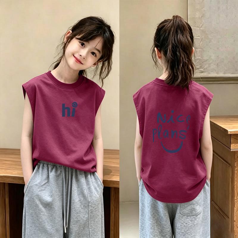 Korean Style Girls' Pure Cotton Sleeveless Vest - Summer 2026 Collection, Medium & Large Children's Loose Round Neck T-shirt