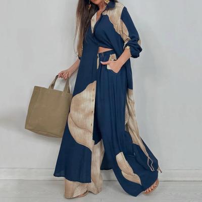 Women V-neck Patchwork Printed Top And Pants Suit Contrasting Color Commuting Set Wide-leg Trousers And Extra-length Top Loose Fit