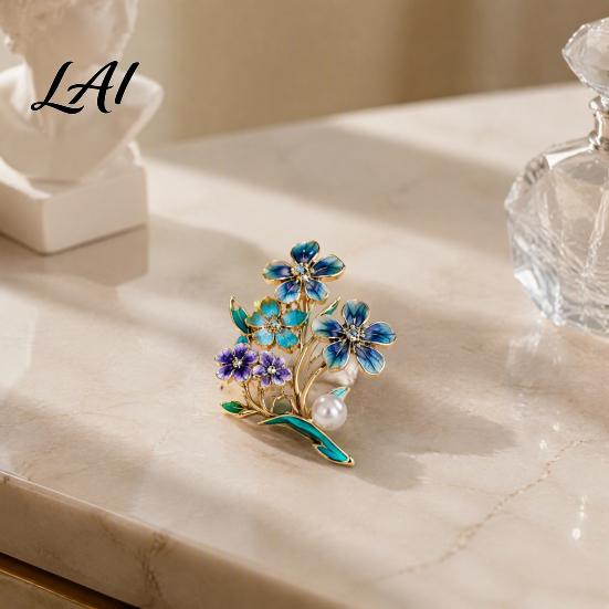 Artistic Branch Brooch Forget-Me-Not Flower Brooch Floral with Faux Pearl & Rhinestone Decorative Accessory Enamel for Women Suits Coats Dresses