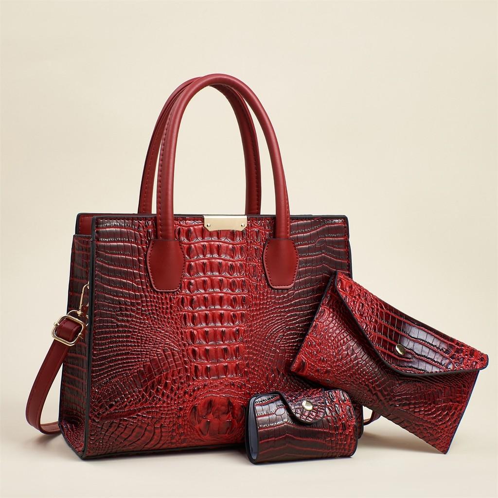 Fashion Solid Color Crocodile Texture Women Casual Shoulder Bag Three Piece Set For Daily Use And Office Commuting