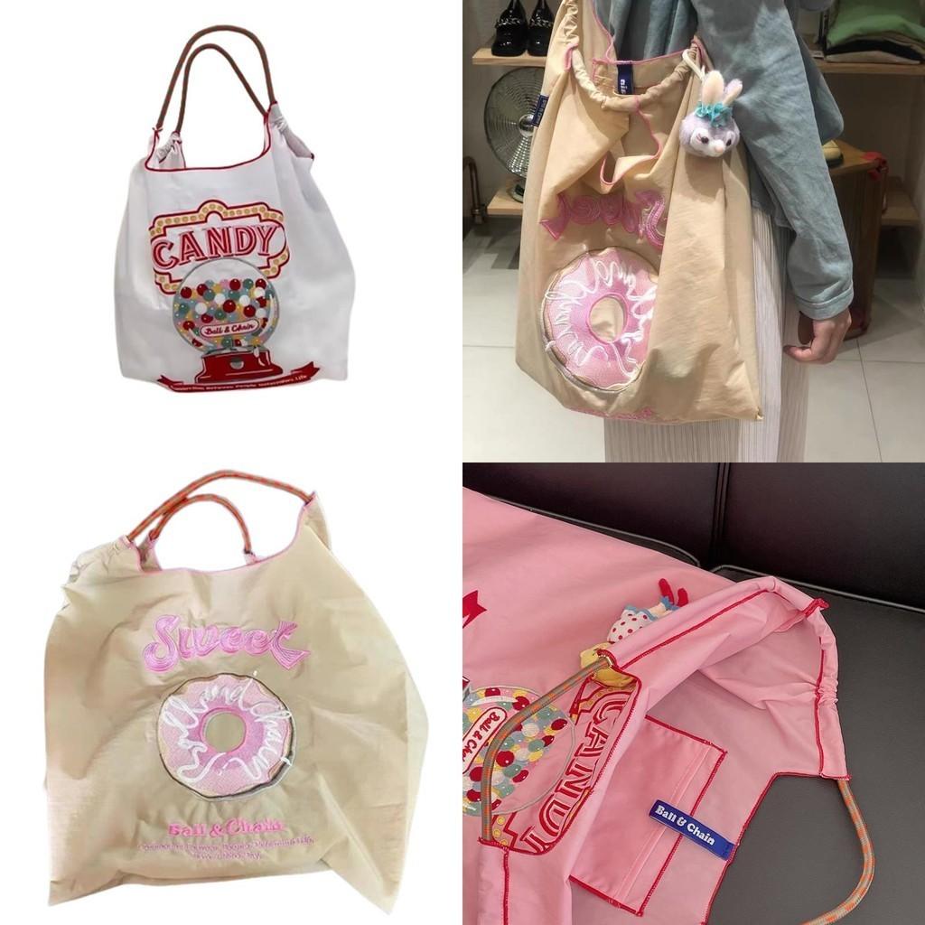 Borsa Tote da Shopping Ricamata con Catena a Palline Giapponese in Tessuto Oxford