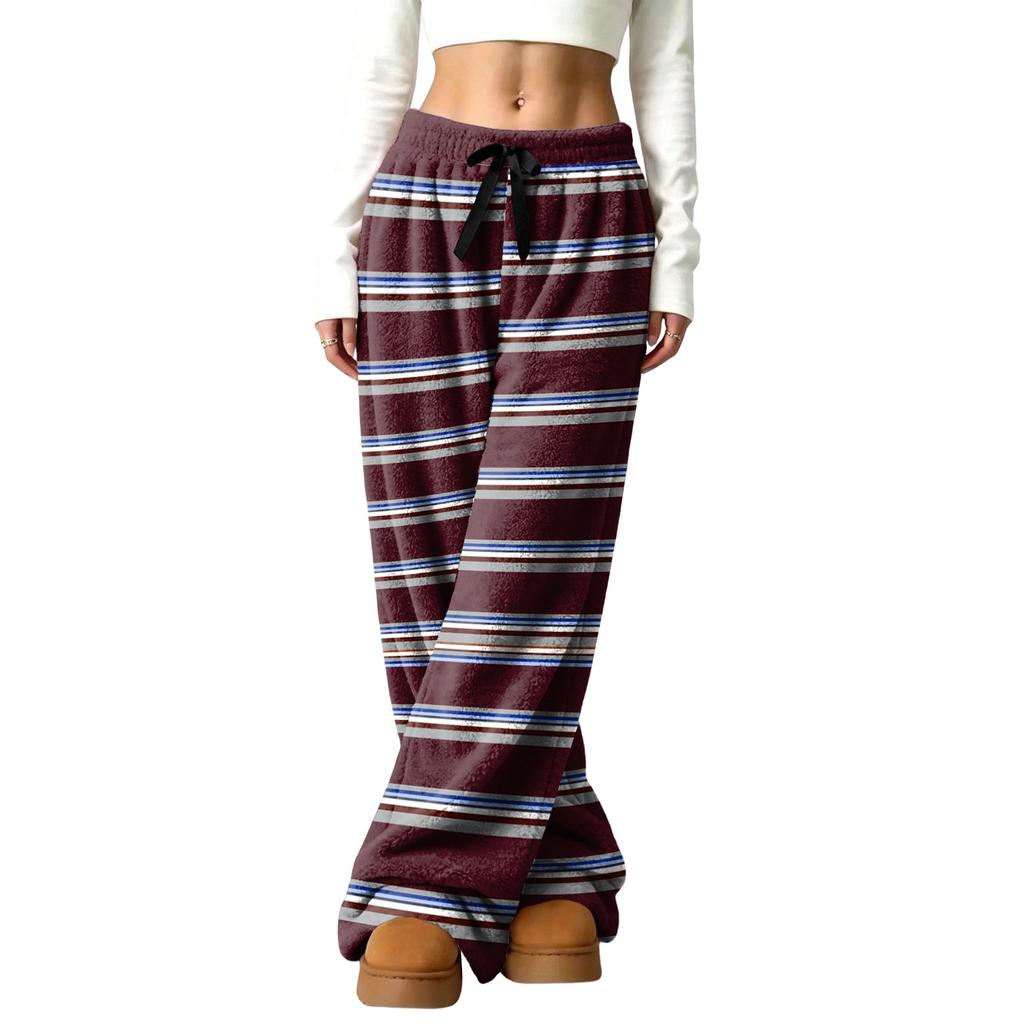Women's Casual Striped Print Wide Leg Pants with Elastic Waist, Loose Fit Lined for Fall Winter