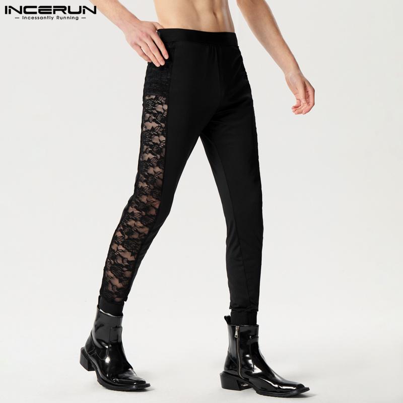

INCERUN Men High Waist Lace Patchwork Skinny Leggings Long Pants Home Wear 3XL чорний