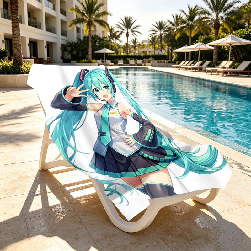 Hatsune Miku Print Beach Towel Design, Soft, Lightweight. for Home Bathroom, Spa, Pool, Yoga, Surfing, Camping, Gift for Family, Friend