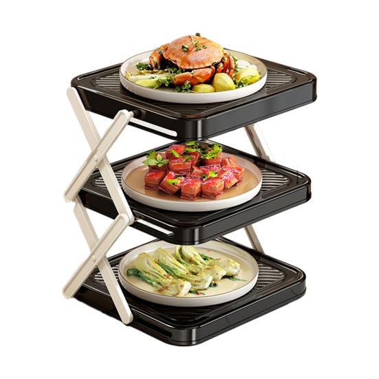 

Plate Storage Rack Three-Tier Foldable Kitchen Organizer with Open Access Design Space-Saving Collapsible Food Display Rack for Parties And Buffets чёрный