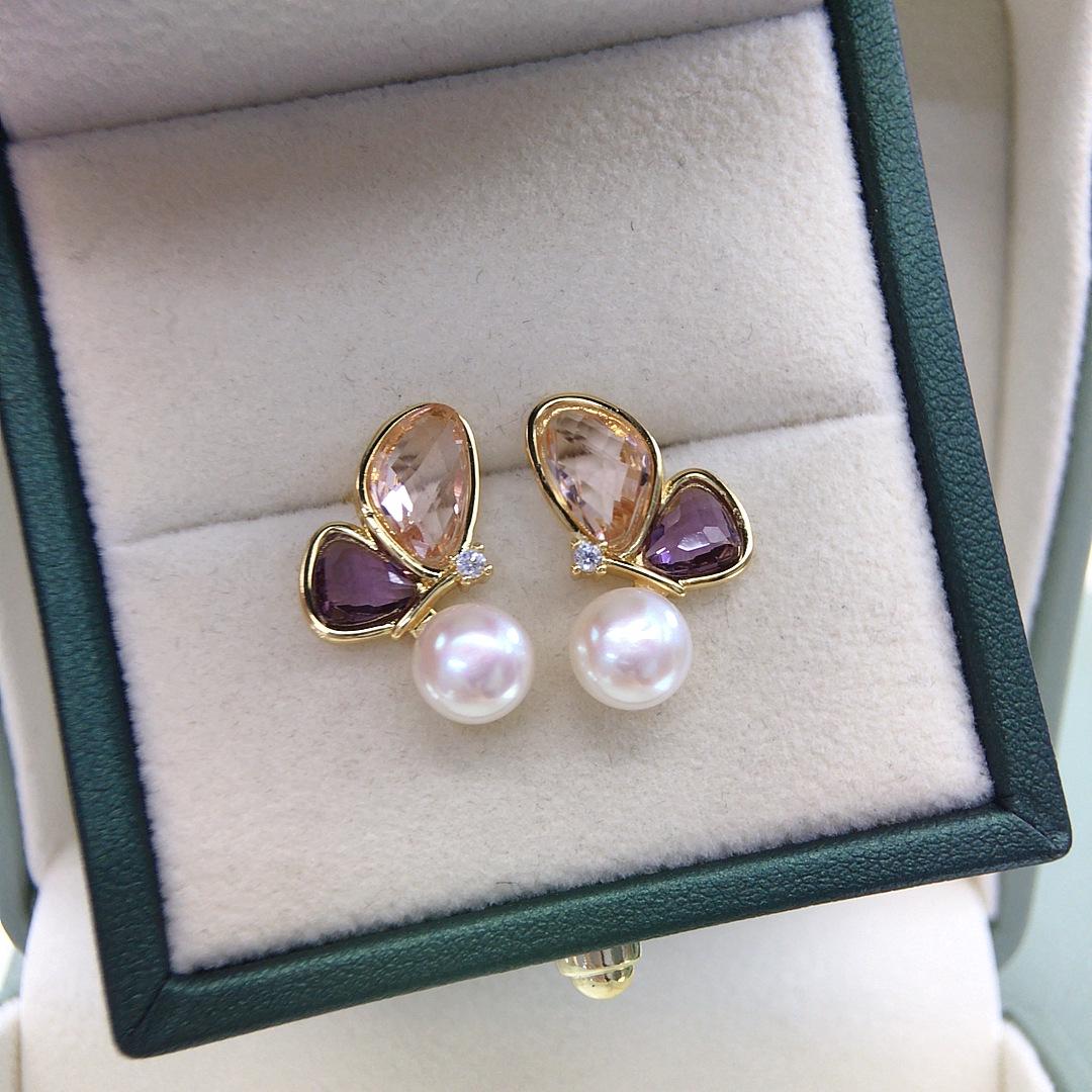 Серьги-пусеты из пресноводного жемчуга Чжуцзи с цирконами, дизайн-бабочка белый