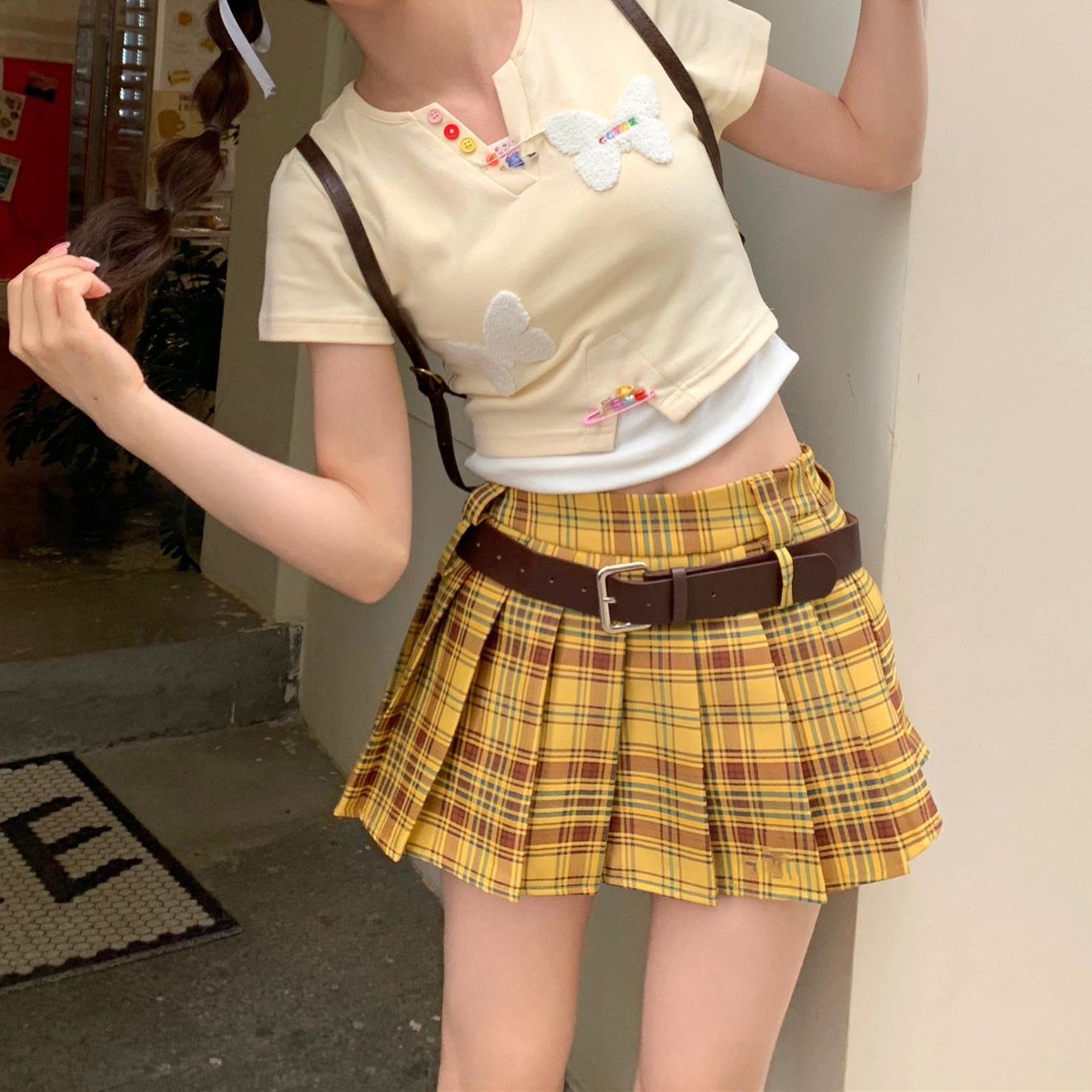 

Plus Size Yellow Plaid High Waist A-Line Mini Skirt for Women - Sweet & Spicy Autumn Pleated Skirt 5XL жёлтый