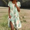 Short Sleeve Boho Dress For Women Casual Loose Fit Summer Sundress Feathers Print Dress With Pockets