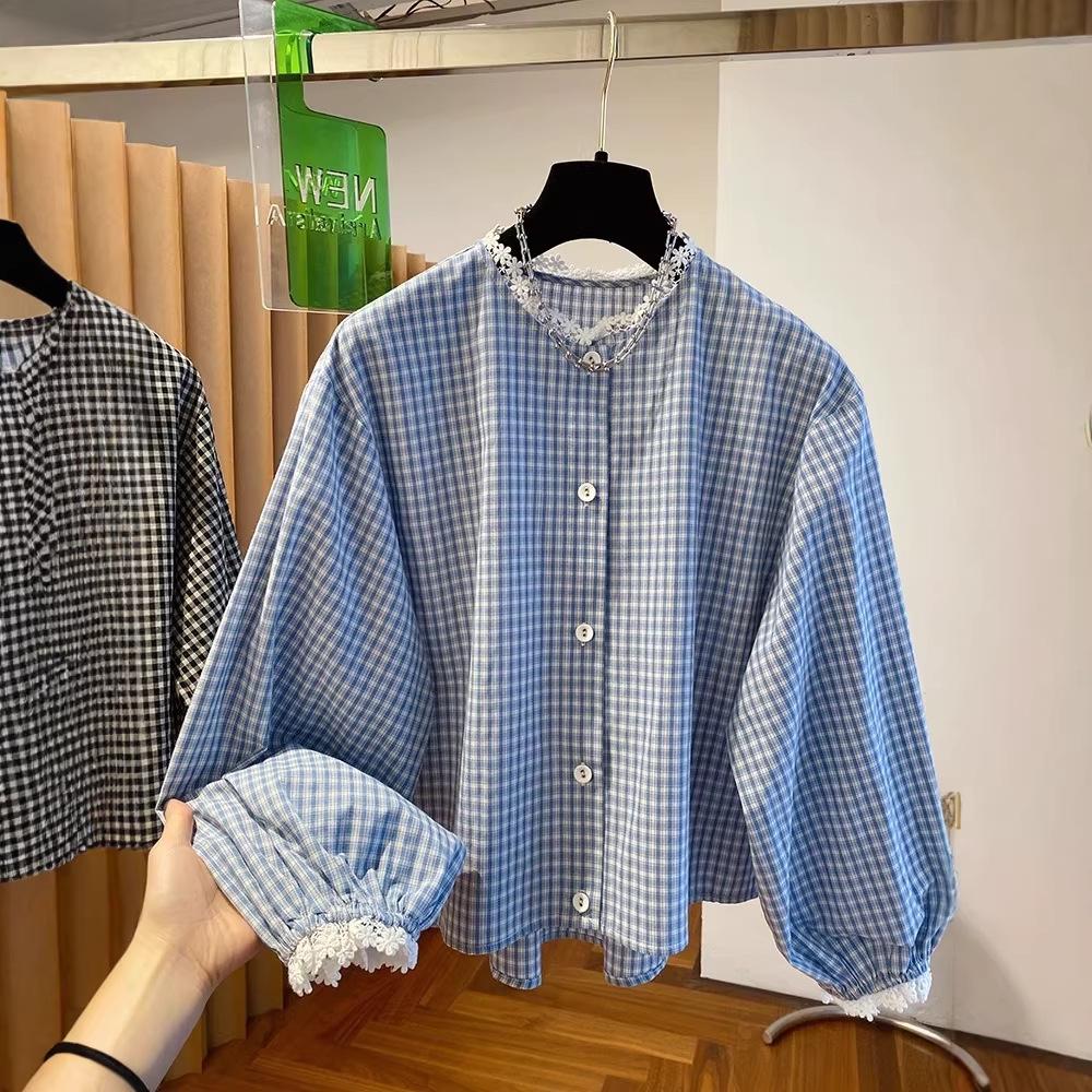 Women's Long Sleeve Korean Plaid Shirt with Lace Ruffles - Black & White, Spring 2026