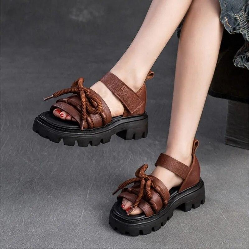 Johnature Versatile Peep Toe Hook & Loop Sandals Retro Genuine Leather Thick Soled Women's Shoes