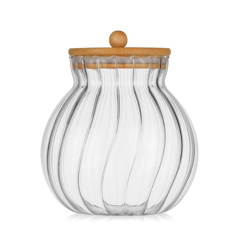 Glass Pumpkin Jar 1600 ml Kitchen Spice Clear Pumpkin Jar With Bamboo Cover Beautiful Striped Lace Sealed Bottle