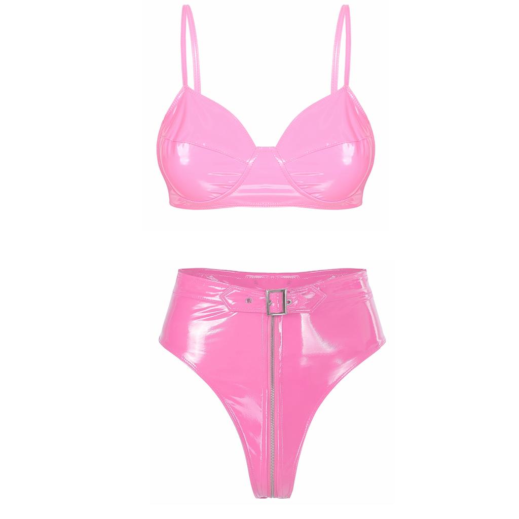Dámský Lakovaný Podprsenkový Top Mokrého Vzhledu Kalhotky s Vysokým Střihem Bez Kostice Přední Zip Lingerie Set Rave Klubový Outfit
