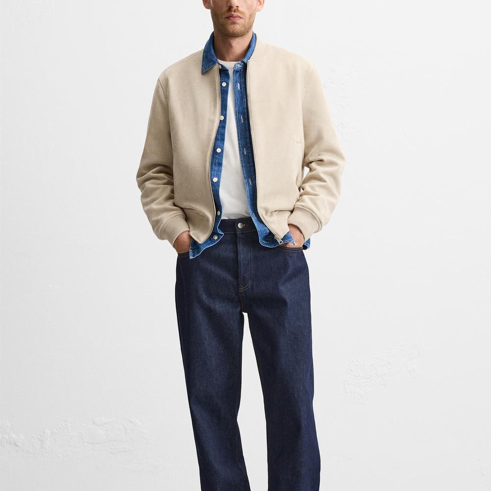 Zara Suede Texture Zipper Pilot Jacket Men Jackets Beige 8574700-710