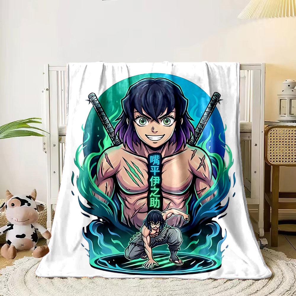 

A muscular figure with two swords, green flames, and Japanese text. for all seasons blanket lunch break throw gift 80cm x 120cm