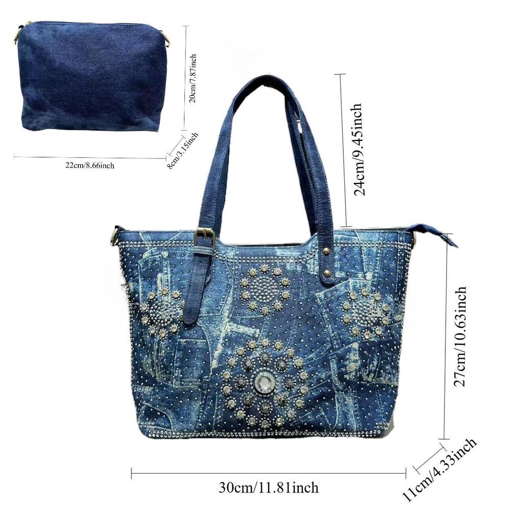 Damen gewaschene Denim-Tragetasche Große Kapazität Elegante Diamantblume Schrägbandtasche