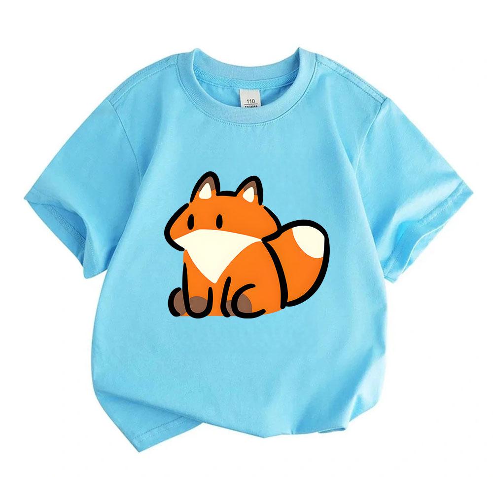 Cute Cartoon Fox Print Kids 100% Cotton Crew Neck Short Sleeve T-Shirt for Boys Girls Soft Breathable Casual Daily Wear Lightweight Summer Tees Tops f