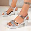 Fashion Women's Shiny Sequins Wedding Sandals Fashion Open Toe Thick Sole Sandal Woman Summer 2025 Back Strap High Heel Sandals Female