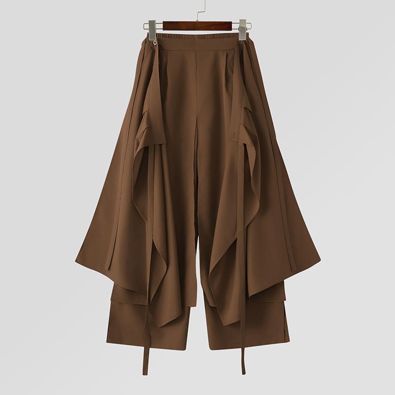 

INCERUN Men Elastic Waist Irregular Layers Fake Two-piece Casual Loose Pants Trousers 3XL коричневый