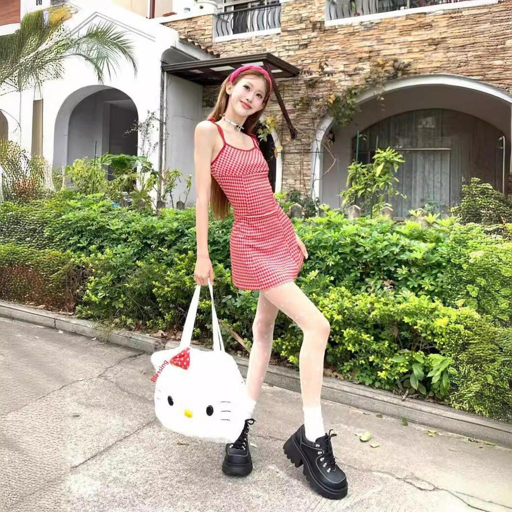 Women's Red Plaid Backless A-Line Dress: Summer Suspender Style, Mid-Length & Slim Fit