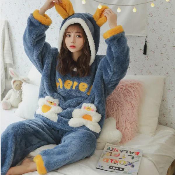 Damen Langhaariger Flanell-Pyjama mit Kapuze - Dicker, warmer Korallenfleece-Anzug für Herbst/Winter