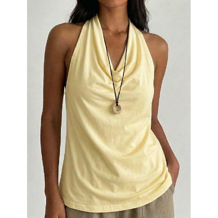 Summer Solid Color Halter Neck Tank Top with Open Back and V-Neck for Women