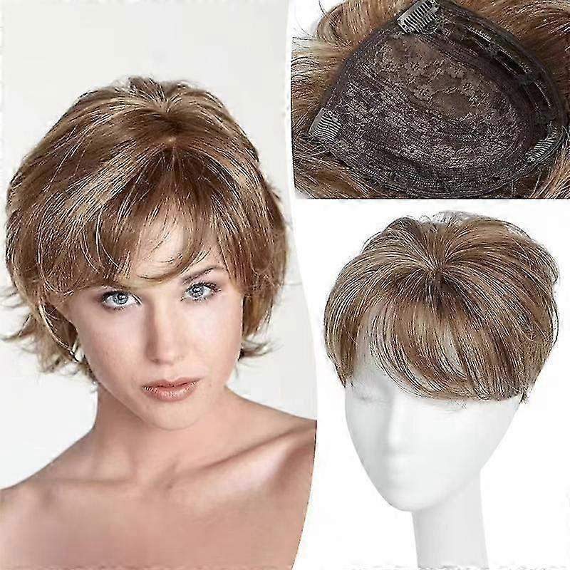 Short Hair Toppers for Women with Thinning Hair Large Full Coverage with 3 Clips Hair Pieces Wispy Bangs(Brown Highlight Blonde) Dark Brown Highlight