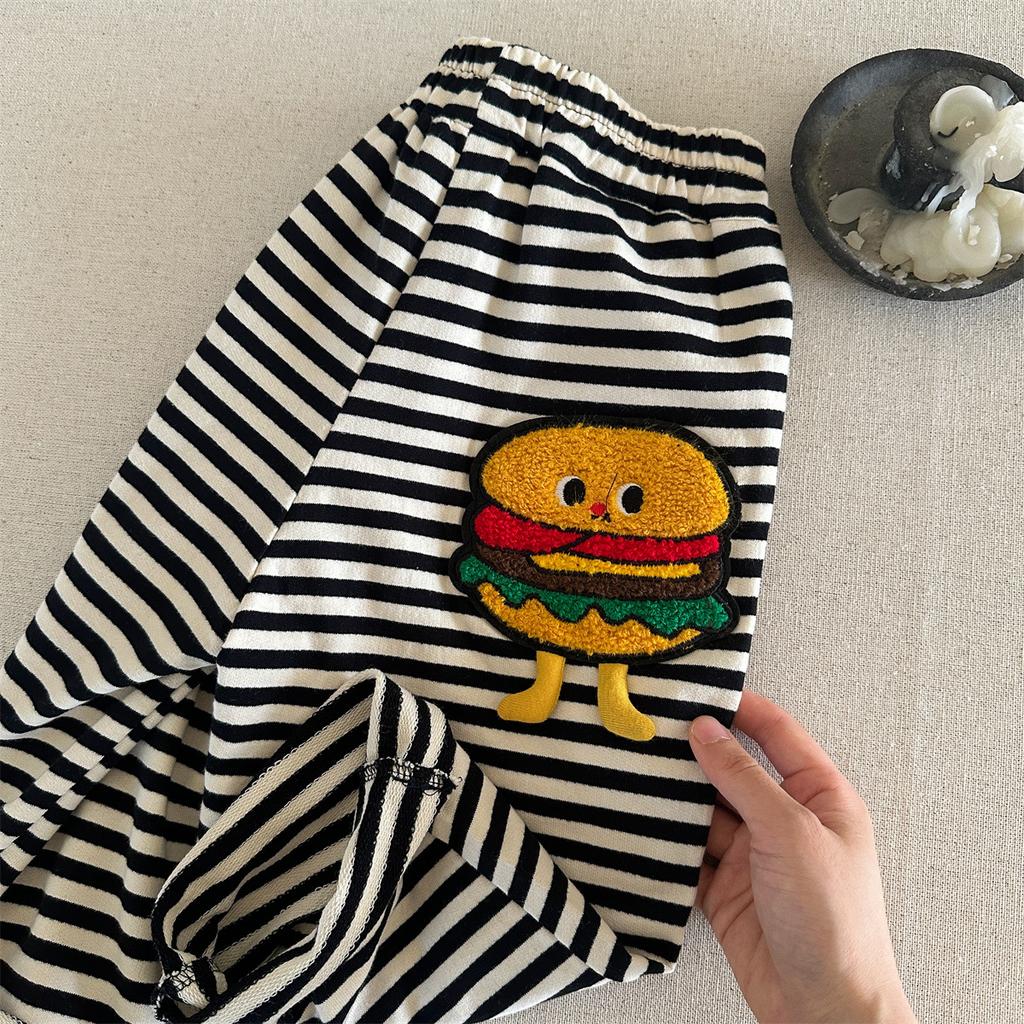 Boys Spring Autumn Cartoon Fries Print Sweatpants Striped Casual Joggers