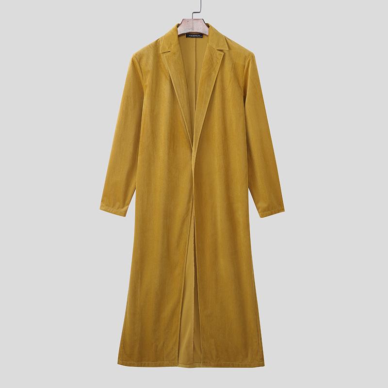 INCERUN Autumn Men Long Sleeve High Splits Open Front Long Corduroy Coats Windbreaker