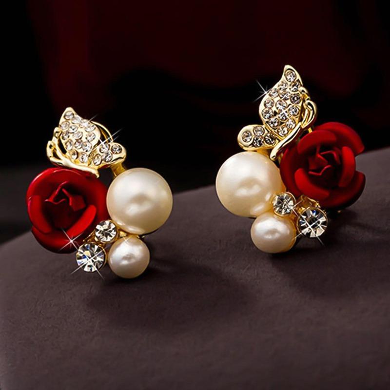 Orecchini a perno Rosa Rossa Zirconia Cubica Finta Perla Lega Pendente Gioielli Regalo