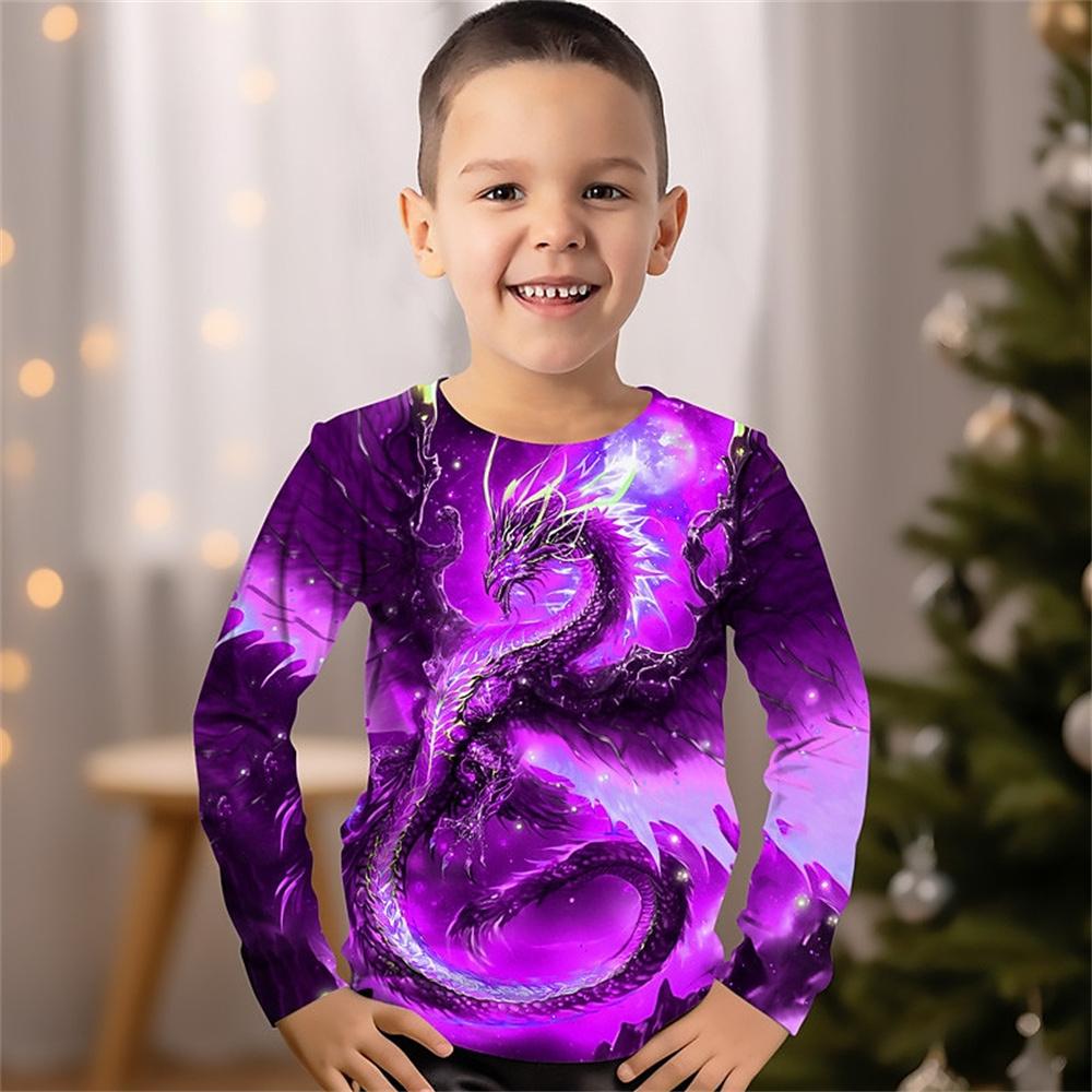 Spring and Autumn Round Neck Dragon Pattern 3D Printed Top Fashionable Casual Long Sleeved Children's Boy T-shirts