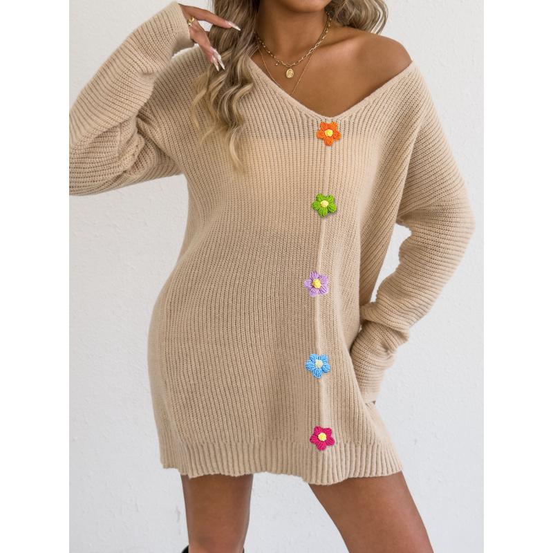 Women's Deep V Sexy Pullover Hand-Crocheted Patchwork Sweater Autumn Winter Base Shirt Dress (Belt Not Included)