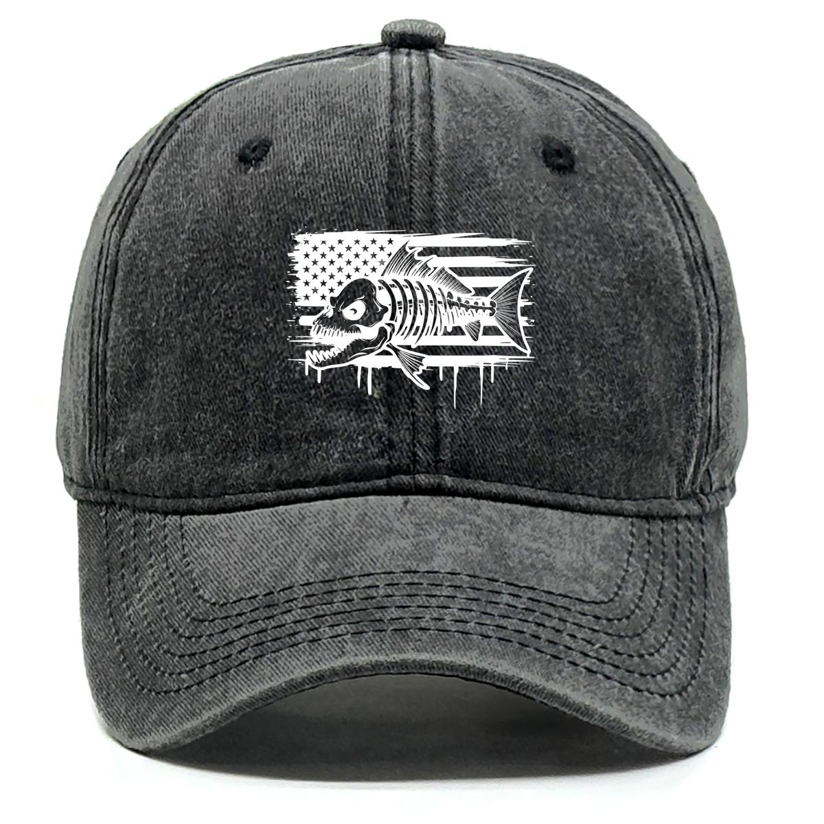 

White American Flag Fish Skeleton Print Adjustable Baseball Cap, Patriotic Flat Cap Leisure Sunshade Inelastic Sun Visor Snapback Baseball Hat as the picture чёрный