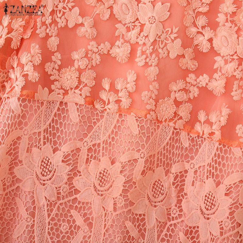 ZANZEA Vestido Casual Feminino com Gola Redonda, Manga 3/4 e Patchwork de Renda