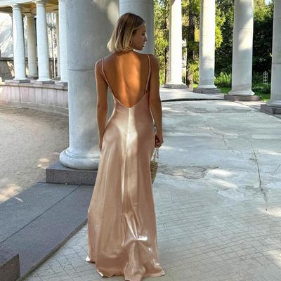 Fall Long Dress Women's Socialite Style Sexy V-neck Backless Satin Halter Dress
