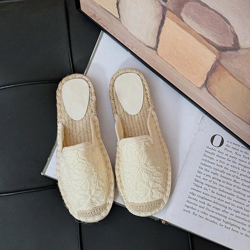 Atemberaubende Farbe~ Stroh Fischer Schuhe Tasche Kopf Halbschlepp 2024 Sommerkleidung bestickte Slipper flache Hausschuhe kleiner duftender Wind