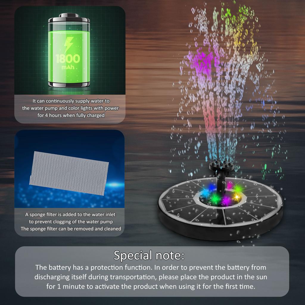 Color 7 LED Light Solar Fountain 2.5/3.5W 8 Nozzle Water Pump Outdoors Bird Bath Garden Floating DIY Cistern Auto Oxygenation