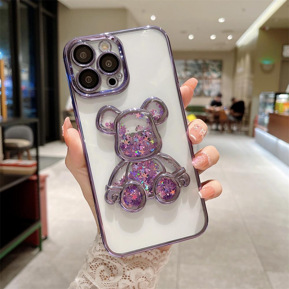 

Quicksand Glitter Bear Phone Case for iPhone 14 16 17 Pro Max 15 Plus Cute Plating Cases for iPhone 15 12 13 11 ProMax For iPhone 15 Plus
