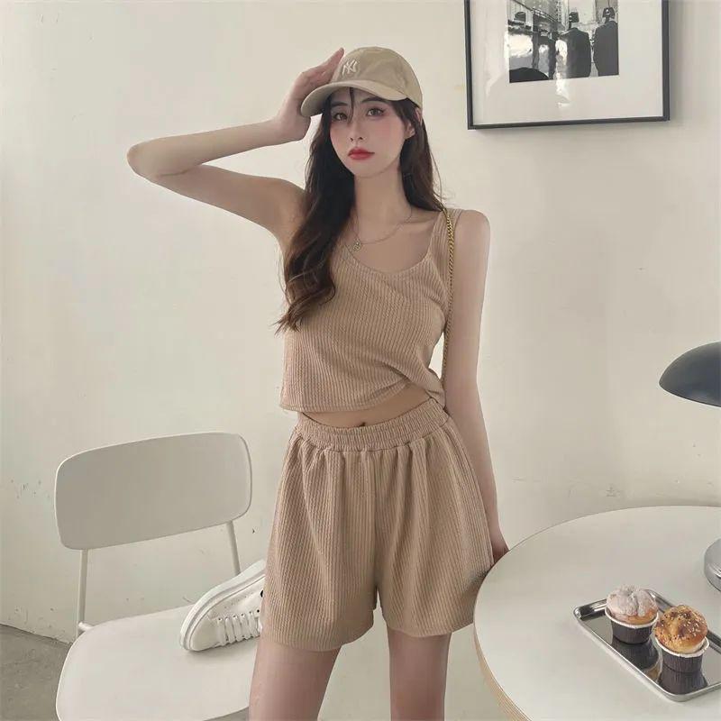 Women's Summer Sports Two-Piece Set: Short Vest & High-Waisted Wide-Leg Shorts Casual