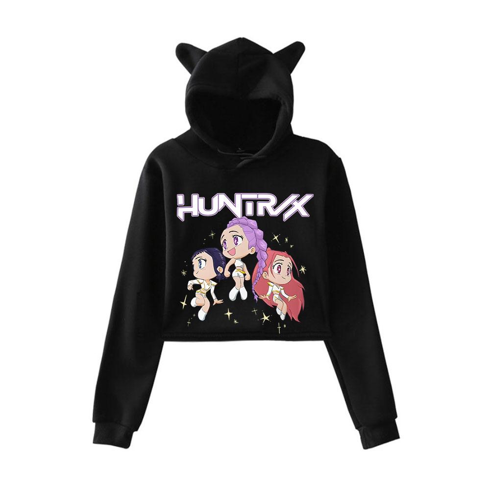 KPop Demon Hunters Tegneserieprintet Hettegenser med Katteører Dame Langermet Cropped Sweatshirts Kvinnelig Casual Streetwear Cropped Topper