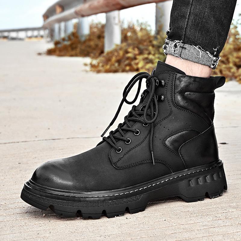 Thick-soled Martin Boots Men's Leather Boots Winter Velvet Thermal Tooling Boots Short Boots Medium and High-top Locomotive Men's Shoes Genuine Leathe
