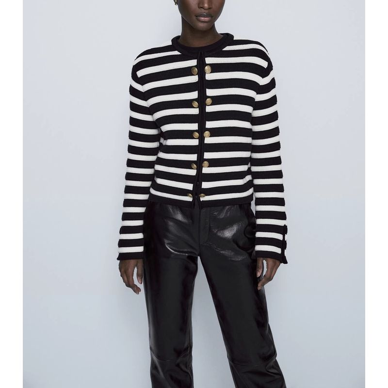 MD Spring New Arrival Women Retro Debutante Style Contrast Color Stripes Cardigan Round Neck Long Sleeve Knitted Coat 5637624