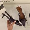 Fashion SUOJIALUN New Brand Women Sandal Shoes Fashion Pointed Toe Bow-Knot Shallow Slip On Slingback Shoes Thin Low Heel Dress Pumps