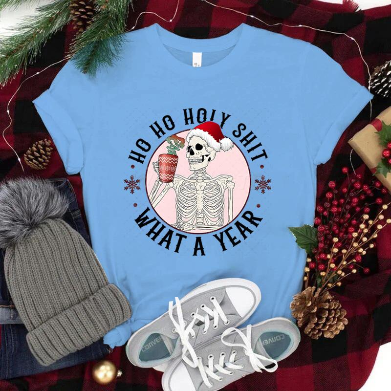 Ho Ho Ho Weihnachtsshirt mit kurzen Ärmeln für Damen Weihnachtsmannmütze Totenkopf Street Style Kleidung Damen Trendiges Neujahrsshirt